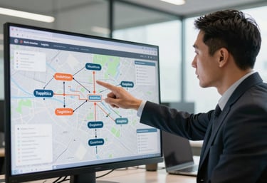 A professional North American logistics consultant pointing at a digital map in a bright, modern office, showcasing strategic supply chain management.