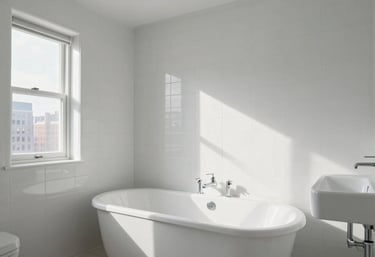 A luxury New York City bathroom interior after full restoration, featuring white tiles and a brilliant bathtub, minimalist decor, natural light, clean and spacious.