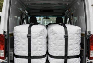 Photography of a clean, well-organized interior of a large white moving truck with quilted moving blankets and professional straps ready for loading.