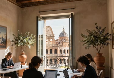 A professional office scene showing a consultation about Italian citizenship documents with European decor.