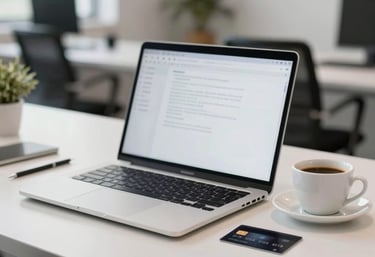 Clean minimalist workplace in a Brazilian tech hub, featuring an open laptop, a cup of coffee, and a black credit card, soft focus background.