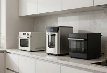 A modern kitchen counter in a South American apartment featuring high-end gadgets and appliances available for rent, clean minimalist composition, bright and airy feel.