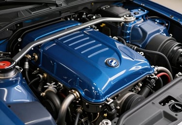 Close-up photography of a pristine car engine bay after a professional detail, every surface clean and protected, North American garage setting, Delft Blue and Platinum lighting style.