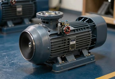 A vertical centrifugal jockey pump positioned neatly next to a larger main pump unit in a midnight blue painted floor area.