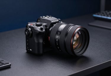 A high-resolution photo of professional tech hardware on a sleek dark desk with subtle navy and light blue lighting accents.