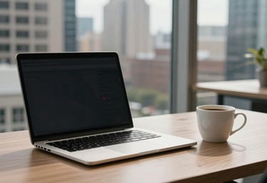 Sleek office workstation with a laptop and a cup of coffee, looking out over a US business district.