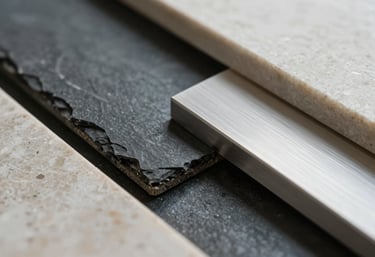 A macro photograph of high-quality architectural materials, like polished stone and brushed steel. The composition is geometric and clean, using dark slate and off-white tones.