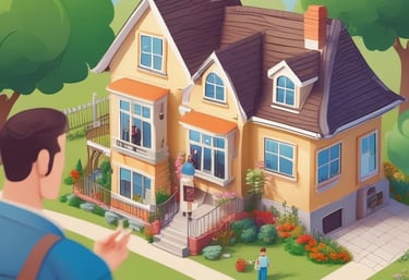 Photo of a real estate agent showing a house to a happy couple.