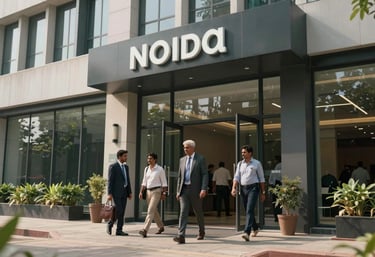 The modern exterior of a professional building in Noida with South Asian / Indian individuals entering, representing a journey's beginning.