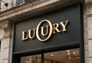 A luxury shop front in a trendy Brazilian neighborhood with a distinctive and elegant logo, representing a successful and legally protected business.