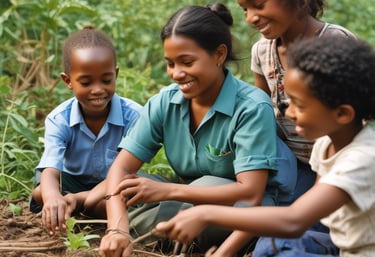 A group of diverse volunteers smiling and working together in a community garden.