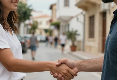 A warm handshake between a real estate agent and a happy Israeli client in a sunny Cypriot neighborhood.