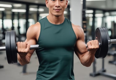 non maman in a grey gym t-shirt holding a protein shaker bottle during a fitness workout.