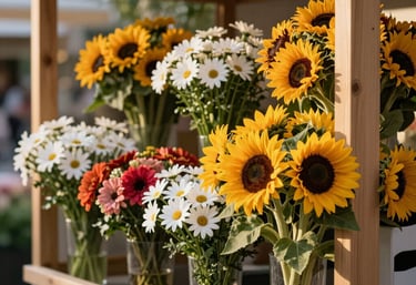 A vibrant North American flower stall with a clean, modern wooden frame, featuring colorful sunflowers and daisies in the soft afternoon light.