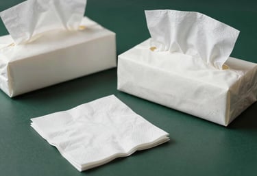 A minimalist, high-quality photograph of premium white napkins and tissue boxes on a dark green surface, showcasing texture and quality. Professional studio lighting.