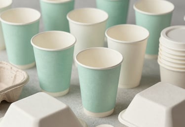 Clean, eco-friendly paper takeaway cups and disposable containers arranged neatly. The focus is on the materials and sustainability. Light mint and off-white colors.