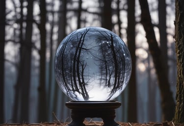 A glowing crystal ball next to a smartphone displaying a chat conversation with a psychic.