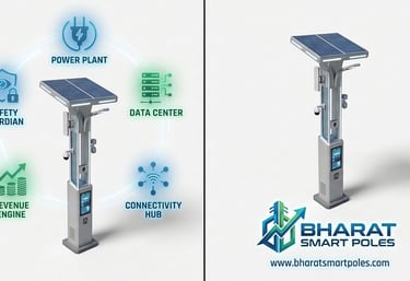 A Bharat smart street pole featuring a solar panel, security cameras, and a digital display screen.