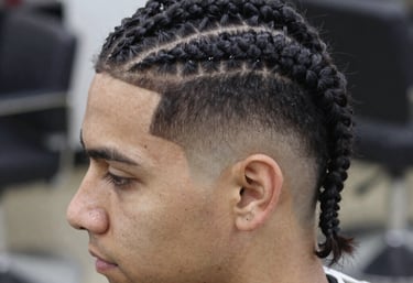 A vibrant salon chair surrounded by colorful hair care products and natural hair styling tools.