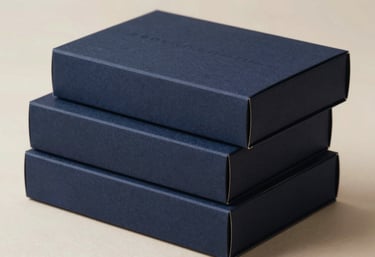 Three boutique shopping boxes stacked elegantly, featuring minimalist branding in Deep Midnight on Pure Mist paper.