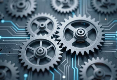 Conceptual image of clockwork gears integrated with digital circuit lines, representing efficiency and automation, in #2C5364 and #71A2B6.