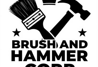 Brush and Hammer Corp logo featuring a paint brush, hammer, crown, and stars for home renovation services.