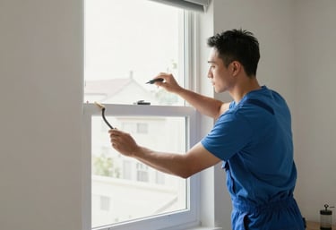 Close-up of a craftsman applying wallpaper with attention to detail in a cozy room.