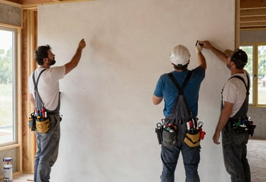 A skilled worker installing new hardwood flooring in a bright living room.