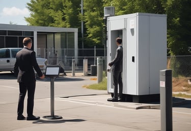 Consultants reviewing physical protection systems including access controls and bollards.