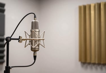 A high-end podcast studio setup with professional microphones and soundproofing. The room is bathed in a soft Cloud White light with Burnished Gold accents on the equipment.