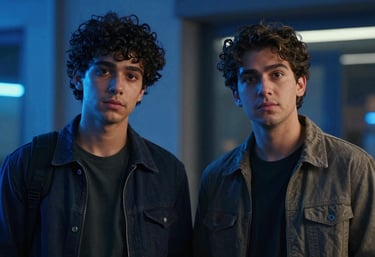 A cinematic still from a web series featuring two young creators in a neon-lit urban environment. The color palette consists of Obsidian Blue shadows and sharp Slate Steel lighting.