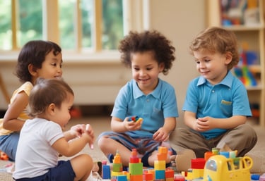 A diverse team collaborating around a laptop with blue and electric blue accents in a modern office.
