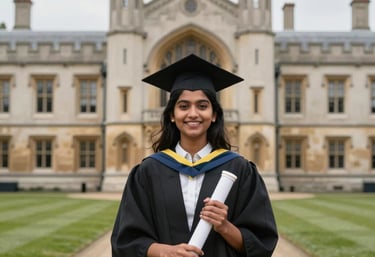 A cheerful South Asian student in graduation robes holding a diploma, standing in front of a majestic historic university building in the UK.