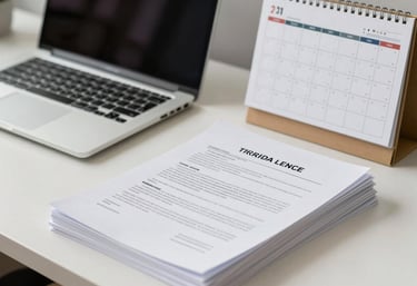 A clean, organized workspace with a laptop, a stack of legal papers, and a professional calendar in a Maryland home office setting.