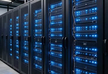 A crisp photograph of a modern Australian data center interior with rows of server racks glowing with light blue LEDs, representing secure and smart infrastructure.