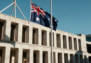 A photography shot of the Australian flag standing outside a modern stone government building under a clear blue sky, with sharp shadows and professional composition.
