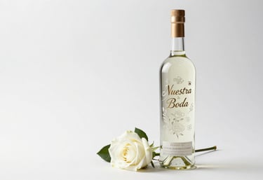 A bottle of Pisco with a delicate laser-engraved floral design and 'Nuestra Boda' text, standing next to a white rose on a pure white background.