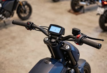 Detailed view of the sleek handlebars and digital display of a modern electric motorcycle inside a showroom with midnight blue and earthy beige accents, South American / Brazilian setting.