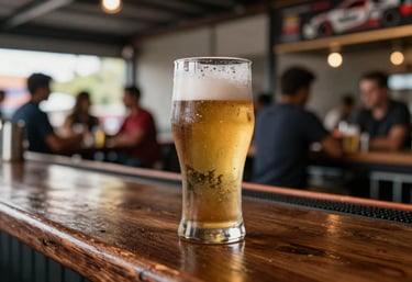 A frosty glass of draft beer sitting on a dark wood bar counter with a blurred background of people socializing in a modern motorsports-themed hub, South American / Brazilian environment.
