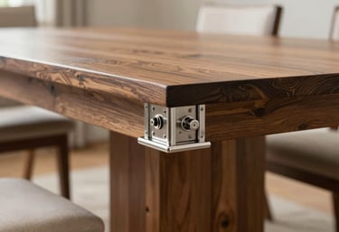 Detailed shot of a finished custom dining table joint, showing exquisite craftsmanship and silver-toned hardware in a modern North American home.