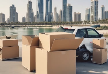 A moving truck parked outside a stylish Abu Dhabi villa at sunset.