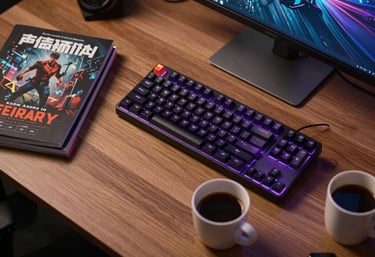 A top-down shot of a modern North American / US workstation with game design books, a mechanical keyboard with electric purple backlighting, and a cup of coffee.
