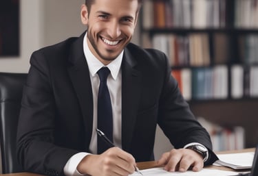 A friendly professional assisting a client with digital signature paperwork in a cozy office.