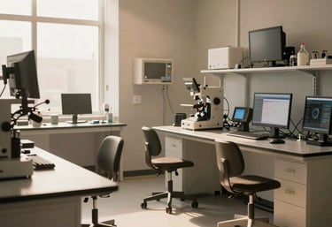 Cinematic shot of a modern North American / US tech lab with warm sun-drenched lighting and professional equipment. Soft sand tones.