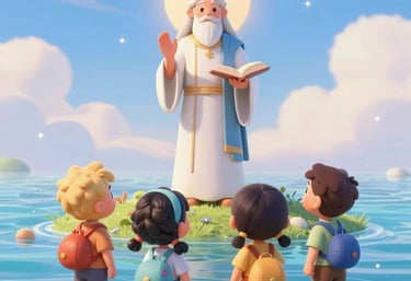 Vibrant 3D scene showing animals and plants created on the sixth day in a lush, enchanted garden.