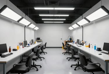 The interior of a clean, bright, and modern North American detailing workshop, showing empty bays with professional lighting and organized equipment ready for work.