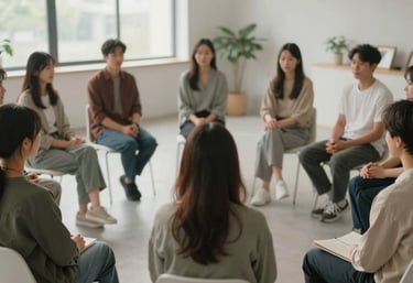 A group of people sitting in a circle in a bright, modern room, suggesting a community therapeutic session. Soft lighting and muted colors.