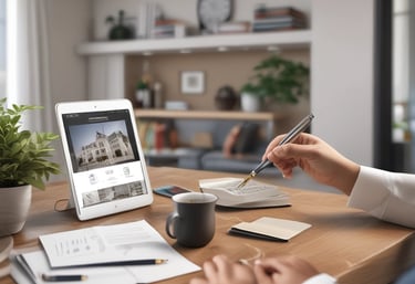 Close-up of hands reviewing rental agreements and financial documents on a desk.