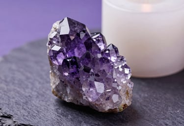 A macro photograph of an amethyst crystal cluster and a white candle on a dark purple stone plate. Ethereal, soft lighting creates a spiritual and calming atmosphere. North American / US context.