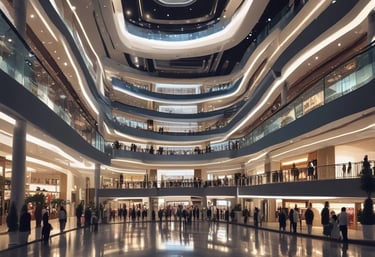 A lively street view of KB West Walk showing modern studio apartments and bustling retail shops.